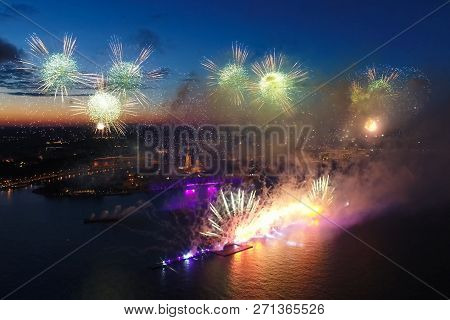 Salute Scarlet Sails. The Festive Salute Is Grandiose. Fireworks Pyrotechnics.