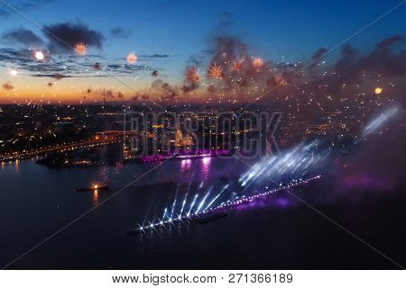 Salute Scarlet Sails. The Festive Salute Is Grandiose. Fireworks Pyrotechnics.