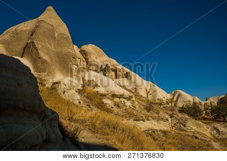 Cappadocia, Anatolia, Turkey: Magnificent Landscape With Mountains In Sunny Weather. Beautiful View 