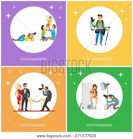 Photographer Taking Picture Of Celebrity Stars, Cameraman Photographing Family Mother, Father And Ch