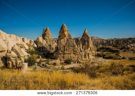 Cappadocia, Anatolia, Turkey: Magnificent Landscape With Mountains In Sunny Weather. Beautiful View 