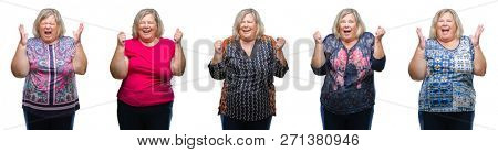 Collage of senior fat woman over isolated background celebrating mad and crazy for success with arms raised and closed eyes screaming excited. Winner concept