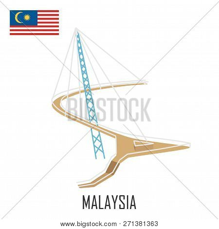 Landmark Of  Langkawi, Malaysia. Sky Bridge And Malaysian Flag. Vector Illustration
