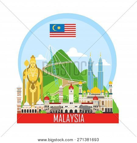 Travel Background With Landmarks Of Malaysia. Web Advertising Banner. Infographic With Symbols. Trav
