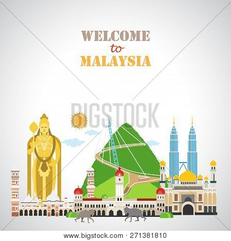 Travel Background With Landmarks Of Malaysia. Web Advertising Banner. Infographic With Symbols. Trav