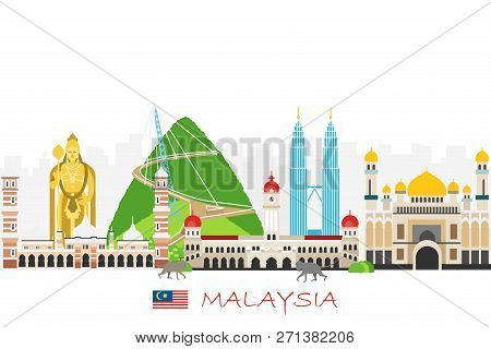 Travel Background With Landmarks Of Malaysia. Web Advertising Banner. Infographic With Symbols. Trav
