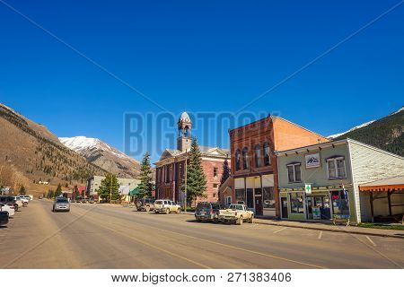 Silverton, Colorado, Usa - October 15, 2018 : Silverton Historic District With Snow On The Mountains
