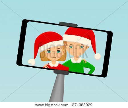 Cute Christmas Elves Taking Selfie  Using Monopod. Cartoon Characters In Flat Style, Vector Illustra