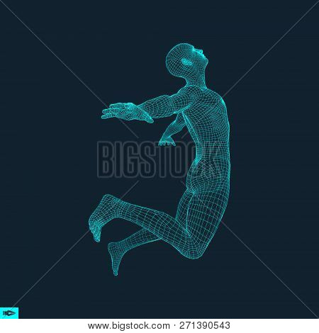 Silhouette Of A Jumping Man. 3d Model Of Man. Geometric Design. Polygonal Covering Skin. Human Body 