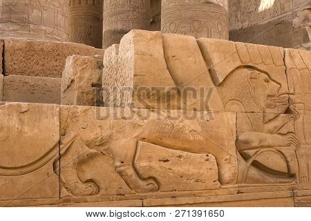 Egyptian Hieroglyphs And Drawings On The Walls And Columns. Egyptian Language, The Life Of Ancient G