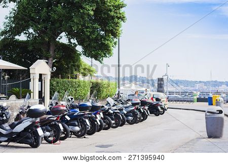 Motorcycles In The Seafront Of Acitrezza, Sicily, Italy