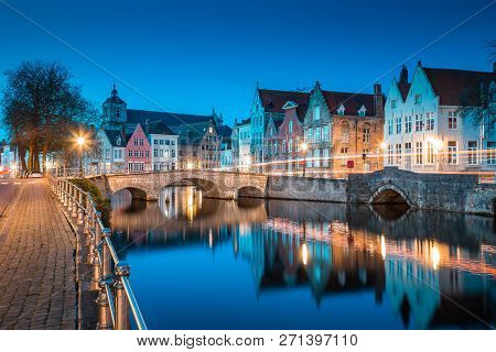 Classic Panoramic Twilight View Of The Historic City Center Of Brugge During Beautiful Evening Blue 