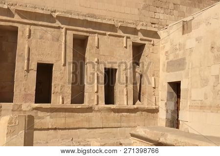 Buildings And Columns Of Ancient Egyptian Megaliths. Ancient Ruins Of Egyptian Buildings