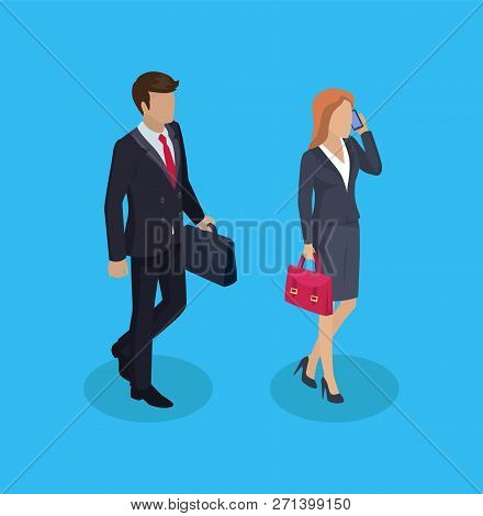 Businessman And Consultant Working Busy People 3d Isometric. Man Wearing Uniform And Tie Carrying Br
