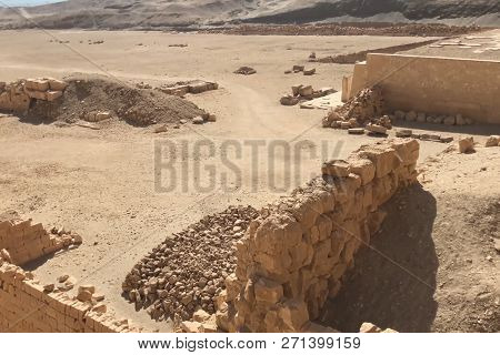 Buildings And Columns Of Ancient Egyptian Megaliths. Ancient Ruins Of Egyptian Buildings