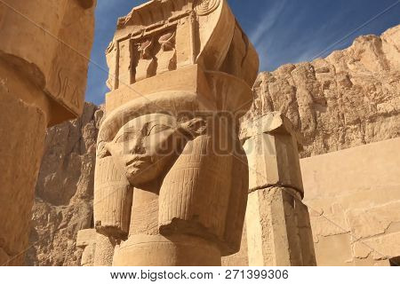 Buildings And Columns Of Ancient Egyptian Megaliths. Ancient Ruins Of Egyptian Buildings