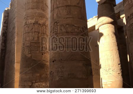 Buildings And Columns Of Ancient Egyptian Megaliths. Ancient Ruins Of Egyptian Buildings