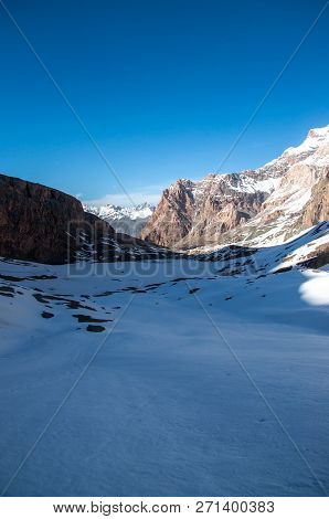 Very High Mountains In Central Asia, Tajikistan, During Drekking And Climbing