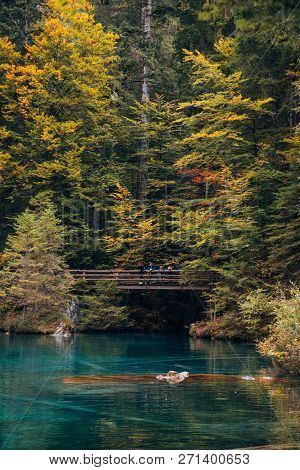 Autumn Time At Romantic Forest Lake Blausee, One Of The Best Known Mountain Lakes In Switzerland.