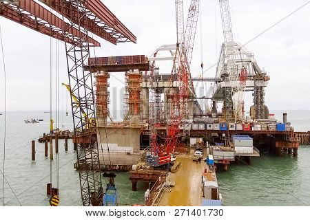 Construction Of The Bridge. Engineering Facilities For The Construction Of A Railway And Automobile 