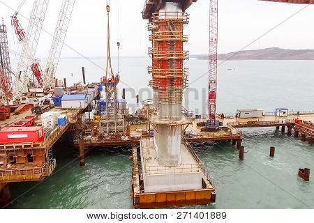 Construction Of The Bridge. Engineering Facilities For The Construction Of A Railway And Automobile 