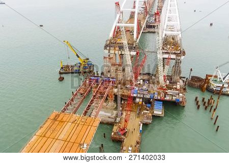 Construction Of The Bridge. Engineering Facilities For The Construction Of A Railway And Automobile 