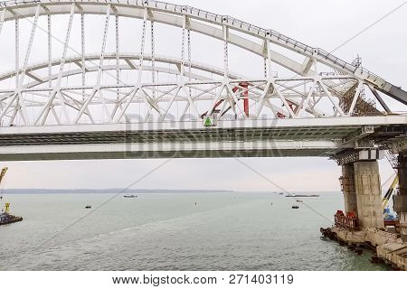 Construction Of The Bridge. Engineering Facilities For The Construction Of A Railway And Automobile 