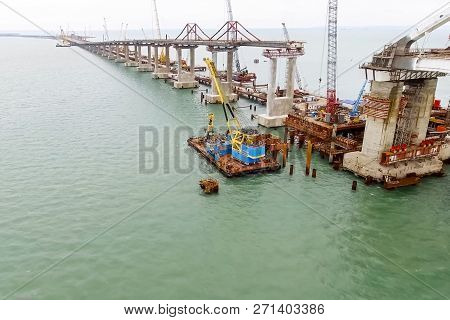 Construction Of The Bridge. Engineering Facilities For The Construction Of A Railway And Automobile 