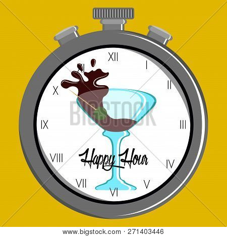 Happy Hour Poster With A Winw Glass Inside A Clock. Vector Illustration Design