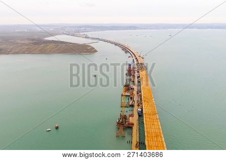 Construction Of The Bridge. Engineering Facilities For The Construction Of A Railway And Automobile 