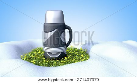 Concept Of Warm Mugs Thermomug Standing On The Grass To Melt The Snow 3d Render On Blue