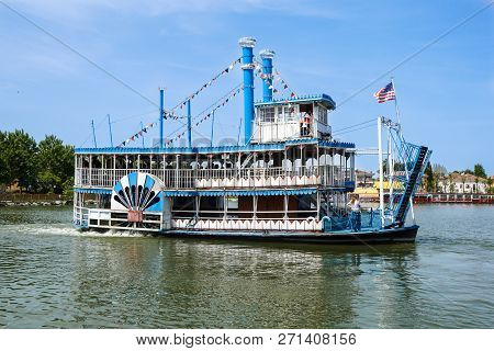 Vintage Paddlwheel Steamboat Painted In Old-fashioned American In The River