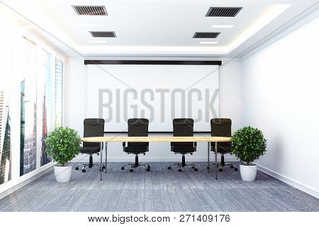 Office Interior With Table And Chairs Palnts On Modern Room Meeting .3d Rendering