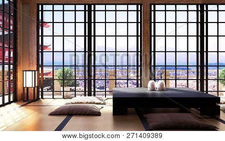 Japanese Living Room Interior In Living Room Minimal Design, Low Table On Floor Tatami Mat, View Fuj