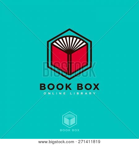 Book Box Logo. Online Book Store. Digital Library. Open Book On A Hexagon Isolated, On An Azure Back