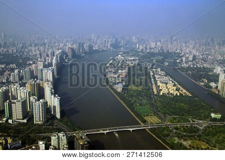Guangzhou And Bridge Over Pearl River View From Windows Of Canton Tower