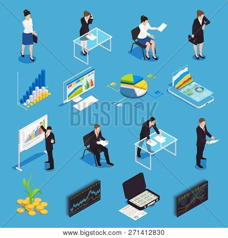Investment Funds Isometric Icons Set With  Financial Market Growth Diagram Economist Manager Strateg