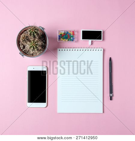 Creative Flat Lay Photo Of Workspace Desk With Smartphone, Cactu