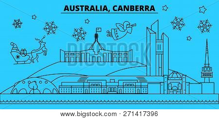 Australia, Canberra Winter Holidays Skyline. Merry Christmas, Happy New Year Decorated Banner With S