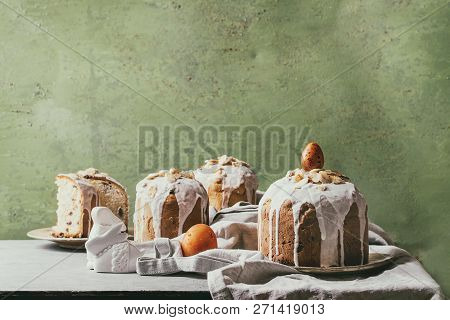 Set Of Traditional Russian And Ukrainian Easter Cake Kulich Paska Bread Glazed With Almond, Whole An