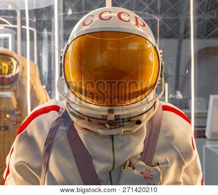 Moscow, Russia - November 28, 2018: Russian astronaut spacesuit Yastreb in Moscow space museum that was specially developed for early Soyuz space vehicle missions