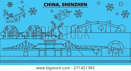 China, Shenzhen Winter Holidays Skyline. Merry Christmas, Happy New Year Decorated Banner With Santa