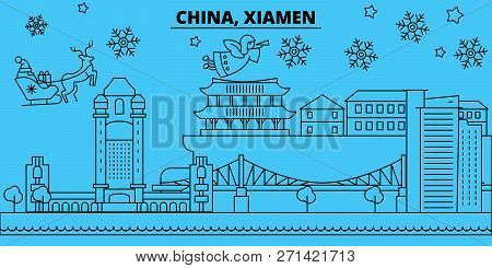 China, Xiamen Winter Holidays Skyline. Merry Christmas, Happy New Year Decorated Banner With Santa C