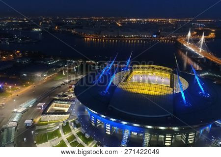 Moscow, Russia - May 11, 2017: Stadium Zenith Arena At Night. Illuminated By Multi-colored Lights Th