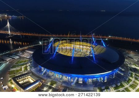 Moscow, Russia - May 11, 2017: Stadium Zenith Arena At Night. Illuminated By Multi-colored Lights Th