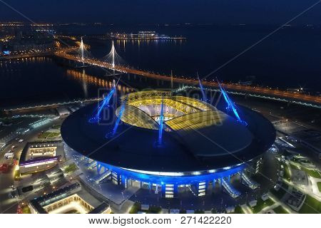 Moscow, Russia - May 11, 2017: Stadium Zenith Arena At Night. Illuminated By Multi-colored Lights Th