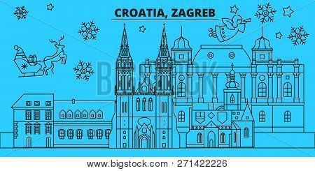Croatia, Zagreb Winter Holidays Skyline. Merry Christmas, Happy New Year Decorated Banner With Santa