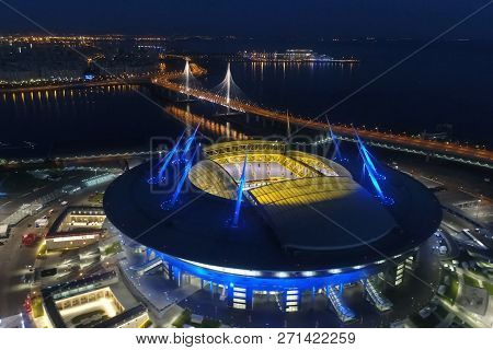 Moscow, Russia - May 11, 2017: Stadium Zenith Arena At Night. Illuminated By Multi-colored Lights Th
