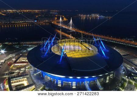 Moscow, Russia - May 11, 2017: Stadium Zenith Arena At Night. Illuminated By Multi-colored Lights Th