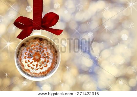 Christmas Card- Cup Of Fragrant Hot Coffee With White Foam And Cinnamon Snowflake Made From Christma